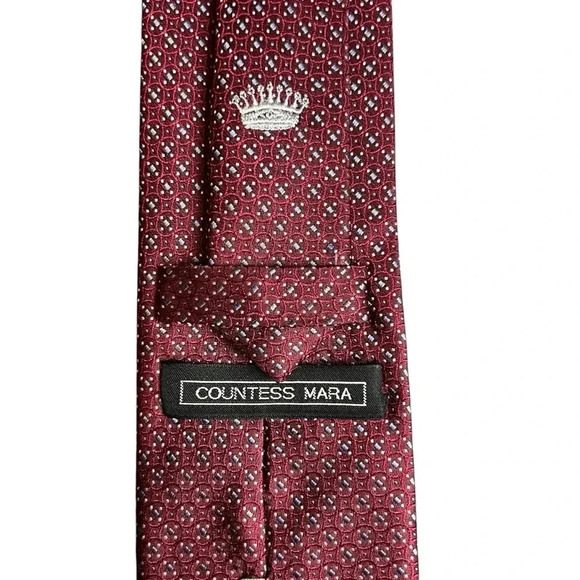 COUNTESS MARA 100% Silk Handmade Red Maroon Tie Blue & White Circular Geometric - Picture 4 of 8